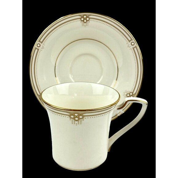 Noritake Satin Gown 6 Flat Cup & Saucer Cream Gold Trim Embossed White Dots - Picture 2 of 12